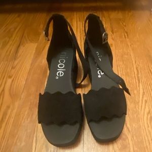 Nicole Kampa Sandals Womens Size 10 Wedge Heel Black Ankle Strap Buckle